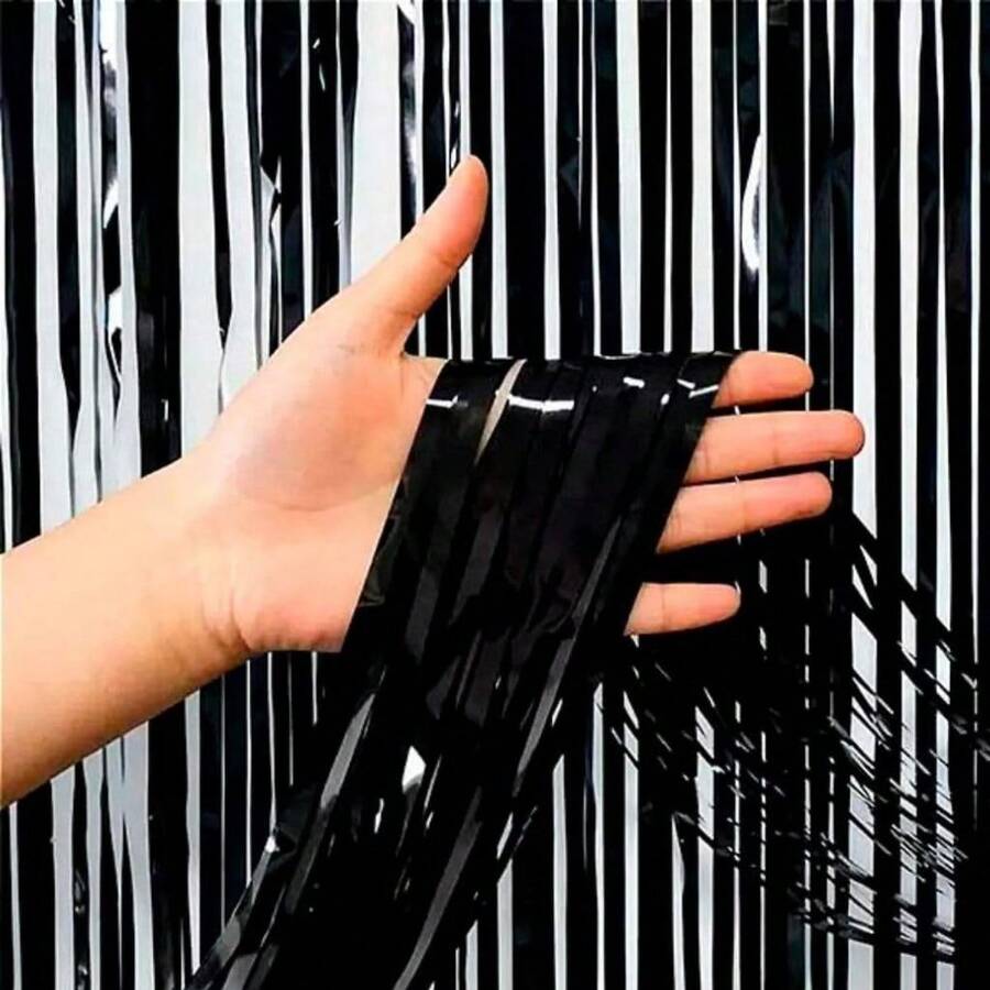 Metallic Plain Fringe Curtain 2m X 1m | Birthday Party Wedding | Various Colors - Black - View 1