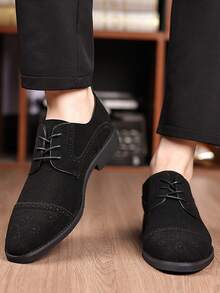 大码男士尖头布洛克牛津鞋，商务休闲正式派对正装鞋，英伦风格黑色 - 黑色 - 查看 4