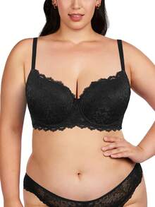MIMILEMON Plus Size Women's Black Lace Seamless Full Coverage Underwire Bra With Wide Straps, Shaping, Daily Wear - Black - View 5