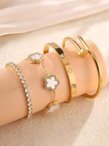 4pcs Stainless Steel Four-Leaf & Five-Leaf Clover Rhinestone Bracelet Set, Suitable For Women Daily Wear, Fashionable & For Ladies, Waterproof For Beach Vacation Jewelry