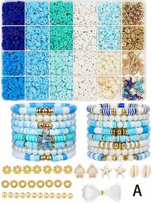 1 盒海洋主题串珠套装，夏季假日风格友谊手链工艺套装，含粘土珠，可用于珠宝制作 - 项链、手链、耳环 DIY 工艺品、节日礼物 - 彩色 - 查看 9