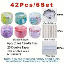 42 Peças/6 Conjuntos Kit de Fabricação de Velas com Potes Estampados, Tampas, Pavios, Adesivos e Suportes - Perfeito para Artesanato DIY, Presentes de Natal e Armazenamento, Suprimentos para Fabricação de Velas