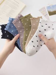 4 paires de chaussettes montantes femme à motif cœur volantés noir et blanc, respirantes et confortables, convenant à toutes les saisons, assortiment de couleurs aléatoires - Multicolore - Voir 9