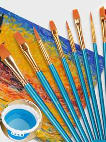 10er-Set Nylon-Acrylpinsel mit Aquarell-, Gouache-, Acryl- und Liner-Pinseln; inklusive faltbarem blauem Eimer-förmigem Trageset mit Fächern zum Waschen, Schulstart, Schulbedarf