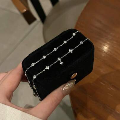 قطعة واحدة سوار البرسيم ذو الأربع أوراق المرصع بالزركونيا، اكسسوار أنيق ذو طبقات بسيط للنساء