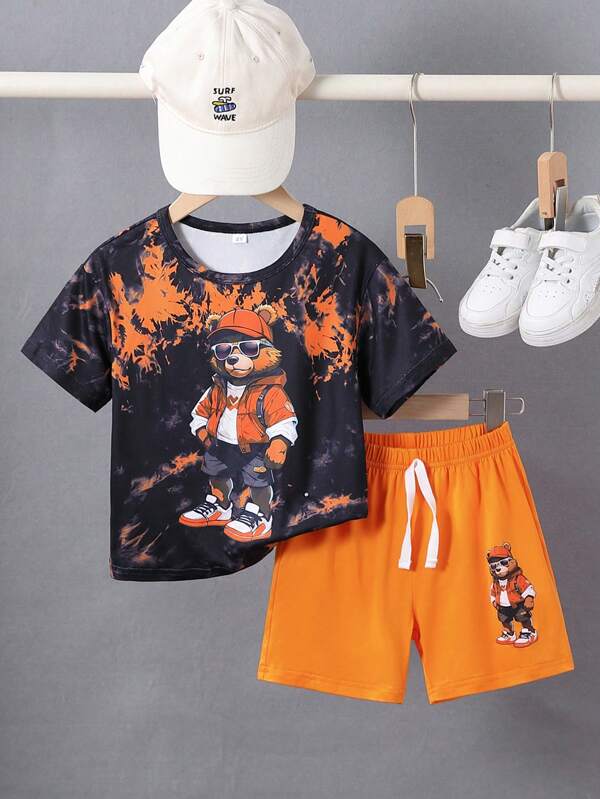 Set 2 buc. tricou și pantaloni scurți cu mânecă scurtă și guler rotund pentru băieți, potrivit pentru vară în aer liber, casual, sport și ținute școlare zilnice