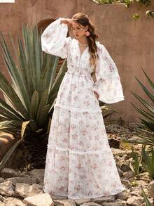 Faeriesty Vestido casual con estilo bohemio y floral con mangas de encaje con volantes y escote en V - Estampado de flores, mangas anchas para picnics de fin de semana, paseos casuales y tardes acogedoras