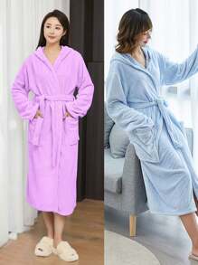 1 pieza Bata de baño de felpa Coral disponible en varios colores con diseño de estilo 3D de piña o liso, con capucha, cinturón y bolsillo para mujer. Toalla utilizable, toalla de baño, bata larga con capucha, bata de baño para mujer, ultra suave, absorbente, cálida, ropa de dormir, ropa de estar por casa unisex, apta para hogar, hotel, baño, dormitorio, spa, piscina, fiesta, para regalo de temporada, vuelta al colegio