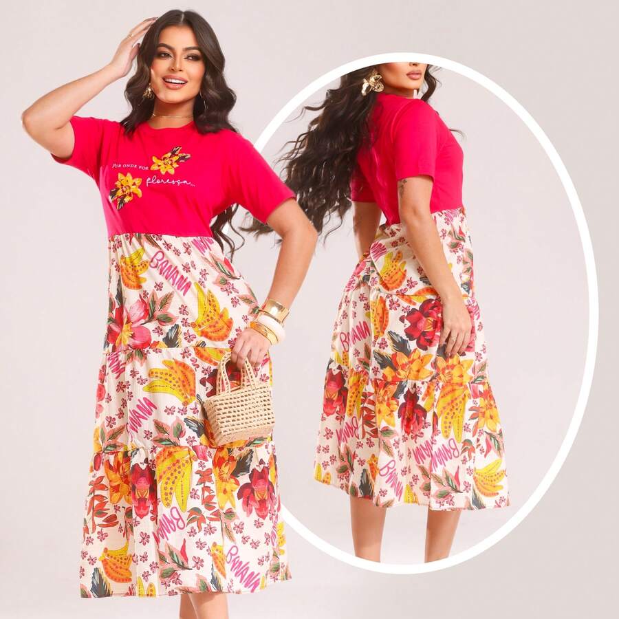 Midi Dress Evangelical Fashion Elegant Casual Fashion Back Printed Slik Loose With Print - 玫紅色 - 查看 1