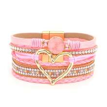 Bohemian PU Leather Wrap Bracelet With Magnetic Clasp Style Heart Charm Bracelet Everyday Wear-No Mosaic Material-All Seasons Easter Gift, Gold Color, For Women