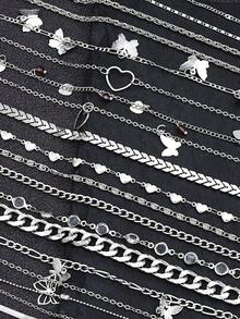 38pcs/19pcs/7pcs Set Women Elegant Vacation Style Hollow Butterfly & Heart Pendant Silver Color Anklet Jewelry Set, Fashionable Accessory For Girls Daily Vacation Beach Wear - Silver - View 5