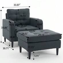 Juego de sillón tapizado en gris oscuro y otomana de almacenamiento - Sofá individual cómodo con portavasos y detalles acolchados, ideal para sala de estar o dormitorio - Gris oscuro + metal + espuma - Ver 5
