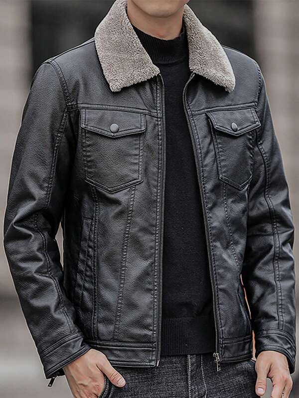 Men Borg Collar Teddy Lined PU Leather Jacket