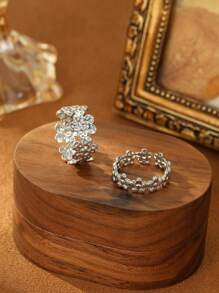 2pcs Stainless Steel Silver Fashionable Casual Circle Small Flower Opening Adjustable Women's Ring Set, Suitable For Daily Wear, Parties, Festivals, Beach Vacations, Gifts Or Collections