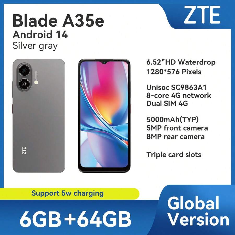 ZTE 中兴，智能手机，Blade A35e 银灰色，解锁，Android 14，（2GB RAM+4GB Fusion）+ 64GB ROM，5000mAh 电池，双 SlM 4G，4G LTE，全球版本 - 銀灰 - 查看 1