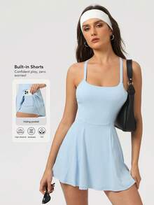 Sodalemon Women Cross Back Fitness Gym Sleeveless Training Outdoor Tennis Skirt Set Backless Lined Running Casual Yoga Sport Dress - Baby Blue - View 3