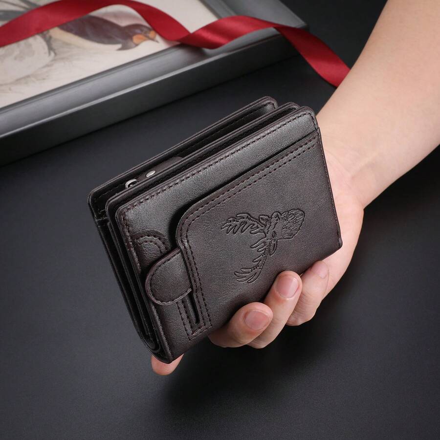 1 件新款男士钱包，复古鹿头设计休闲多功能拉链钱包，青年学生多功能多卡槽卡包，男士正式/商务正式情人节礼物创意