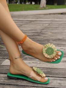 Sandali casual versatili adatti a qualsiasi occasione - carini, rinfrescanti, eleganti, ideali per feste. Ciabatte aperte sulla punta per l'uso estivo all'aperto, nuovi sandali romani intrecciati per primavera/estate, scarpe da donna di stile francese alla moda da abbinare ad abiti per spiaggia, appartamento, scarpe eleganti piatte verdi, sandali bohémien comodi da camminare, scarpe da donna scivolate con decorazione a girasole