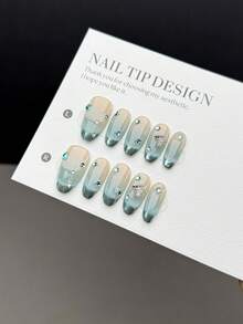10pcs Medium Oval Nail Tips, Handmade Elegant Nail Sticker Decals - Blue-Green Cat Eye Marble Gradient With White Rhinestone Butterfly Decorations, Suitable For Women And Girls In Various Occasions, Comes With A Nail Set - Multicolor - View 1