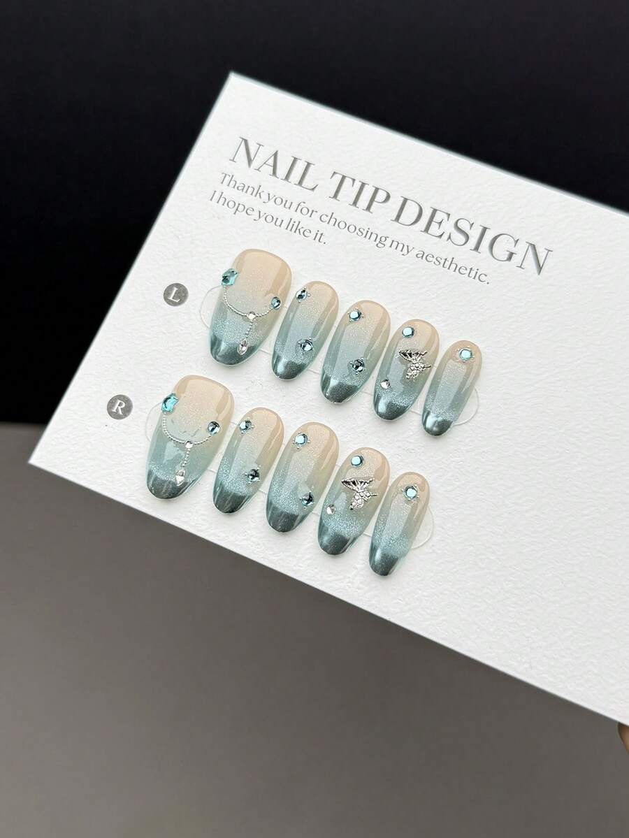 10pcs Medium Oval Nail Tips, Handmade Elegant Nail Sticker Decals - Blue-Green Cat Eye Marble Gradient With White Rhinestone Butterfly Decorations, Suitable For Women And Girls In Various Occasions, Comes With A Nail Set - Multicolor - View 1