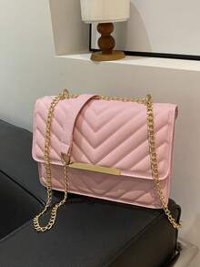 Small Crossbody Bag For Women New Fashion Chain Strap Square PU Leather Flap Shoulder Bag - Pink - View 2