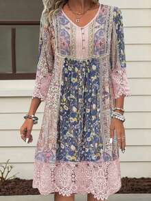 Women Retro Floral Dress Lace Trim Half Button-Up V Neck 3/4 Sleeve A-Line Short Dress For Summer Spring - Pink - View 2