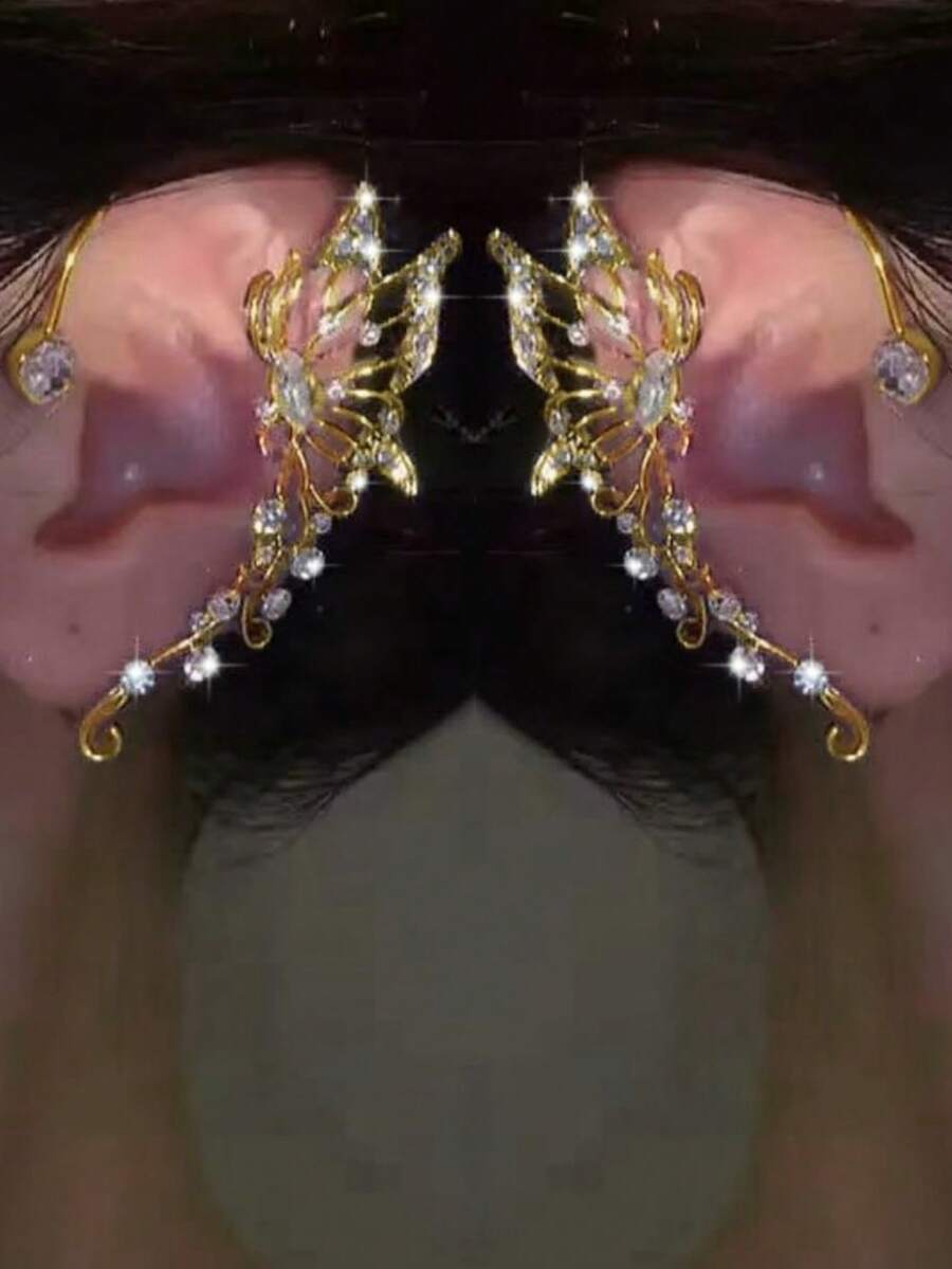 2pcs Fashionable Hiphop Personalized Glittering Butterfly Fairy Ear Clip On Earrings, Dainty Luxury Clip-On Earrings For Women - Gold - View 1