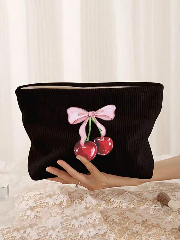 [Lightweight Cherry Bow Makeup Bag] , Chic Cherry Bow Print Corduroy Makeup Bag - Lightweight, Zippered Cosmetic Pouch For Travel & Toiletries,Multifunctional Toiletry Organizer, Unscented, Unisex-Adult, Non-Waterproof Makeup Organizer Makeup Storage Bag Mini Pouch Travel Small Makeup Case Accessories Make Up Holder Brush Bag ,Suitable For Commuting, School And Shopping, Convenient For Outdoor Use, Gift For Friends And Besties