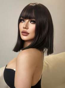1-Piece Synthetic Heat Resistant Straight Hair Bangs Wig Black Oak 14 Inches Full Machine Weave Daily Natural Realistic Wig