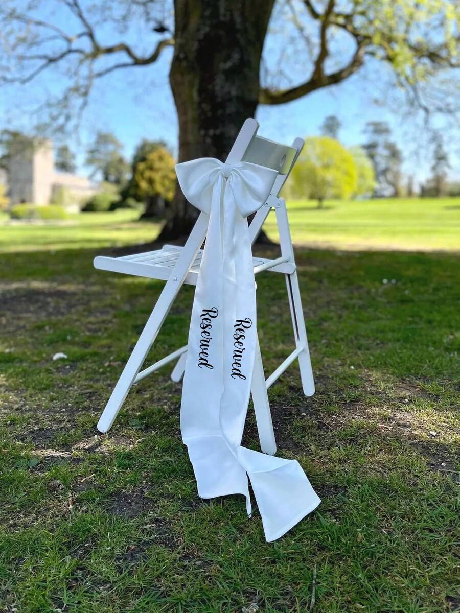 Cinta personalizada elegante para silla de boda, emblema conmemorativo de boda, emblema de tela de boda, cinta para silla reservada (ancho del moño 25 cm, ancho de la cinta 10 cm) - Multicolor - Ver 1