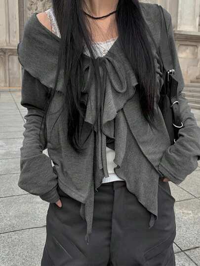 复古荷叶边下摆系带休闲长袖开衫上衣