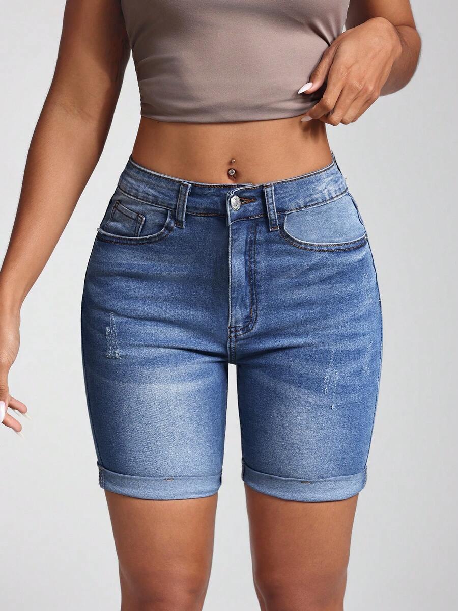 Jeanoix High Waist Slant Pocket Roll Up Hem Denim Shorts - Medium Wash - View 1