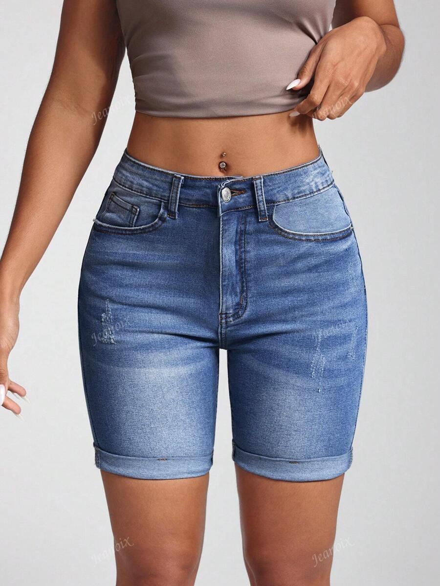 Jeanoix High Waist Slant Pocket Roll Up Hem Denim Shorts