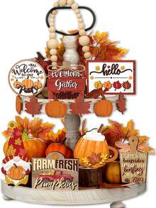 13 件/套 Hello Fall 木制分层托盘装饰品，适用于秋季节日感恩节派对桌面装饰，乡村风格欢迎南瓜迷你木制标牌，适用于农舍餐桌装饰（不含托盘），圣诞节 - 彩色 - 查看 8