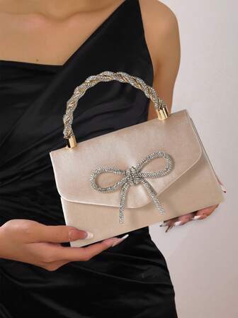 Elegant satinväska för kvinnor med glitter och strass, rosettdekor, balväskor, gnistrande mini fyrkantiga handväskor, perfekt för fest, bröllop, bal, middag/bankett, mors present