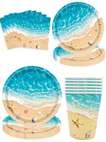 10 Stücke Ozean-Muschel Party Pappteller Sommer Geschirr Einweg Dinner Teller Papierbecher Papiertaschentücher Serviette, geeignet für Ferien Party Dinner Teller See Welle Hochzeit Geburtstag Party Hochzeit Zuhause Büroparty, exquisites Handwerk, modisch passend für Picknick
