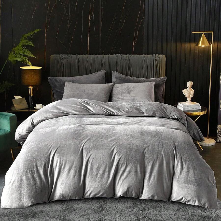 DIvellow Velvet Duvet Cover Queen Set Sage Green Comforter Cover 3Pcs Ultra Soft Cover Breathable Solid Luxury Flannel Velour Duvet Cover Zipper Closure Corner Tie - Smoky Gray - 查看 1