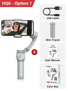 AXNEN HQ6 智能手机云台，三轴手持云台，可折叠便携，具备人脸/物体追踪、补光灯、变焦和防抖功能，兼容 和安卓手机