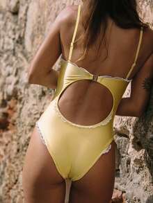 Women Monokini Bathing Suit Lace Trim Spaghetti Strap Sleeveless Swimsuits Summer Swimwear Bikini - Màu vàng - Xem 2