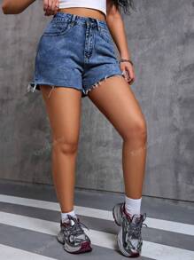 Shorts Denim Desgastado e Lavado, Casual de Verão