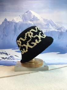 1pc Unisex Black Hand-Knitted Jacquard Warm Beanie Hat, Personalized Bucket Hat, Fresh Korean Style, Couple Versatile Bucket Hat For Autumn/Winter