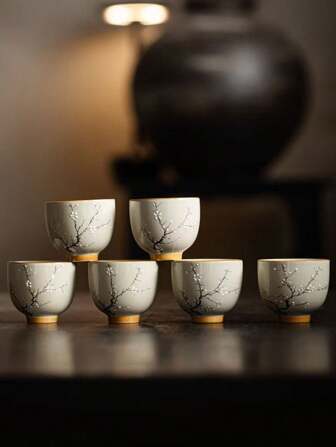 1件/2件/6件陶瓷茶杯，梅花图案红色陶瓷茶杯，功夫茶杯，适合家庭和聚会的茶具，返校