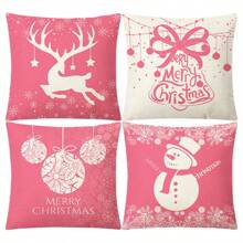 4 Stücke Weihnachts-Leinen bedruckte Kissenbezüge & Stuhlbezüge, geeignet für Wohnzimmer, Bett, Sofa Heimdekoration Kissenhüllen, weich & minimalistisch Sofakissenbezüge, Kissenfüllungen nicht enthalten