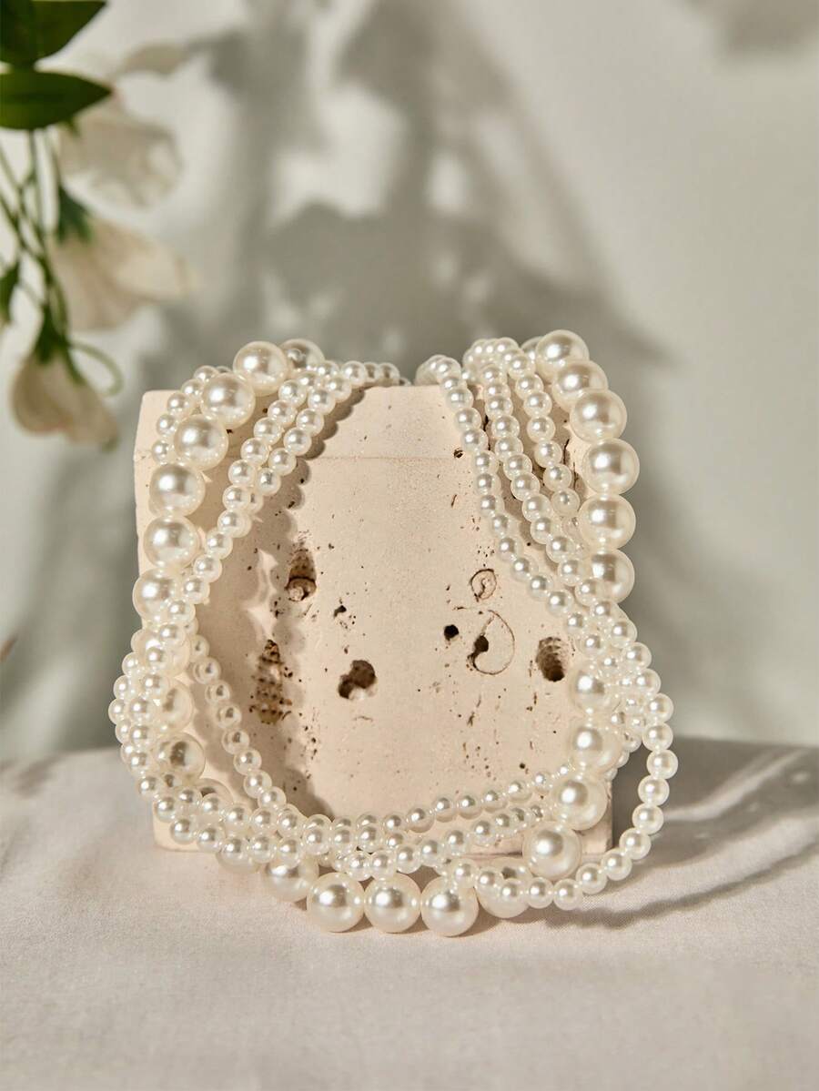 Simple Multi-Layered Elegant Beaded Large Pearl Necklace, Ladies' Daily Wear Accessories Winter Gifts - White - View 1