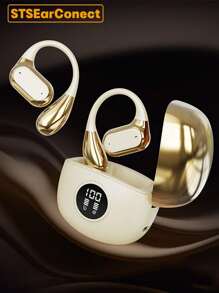 STSEarConect 1 Pc Golden Earhook Design LED Digital Display Wireless Sports Headset, 5.4 Bluetooth Headset, Wireless Operation, With ENC Noise Reduction Microphone, 3D Deep Bass On-Ear Headphones, Sports Earbuds, Business, Music, IPad, Laptop, IOS, Android Users, Gifts For Family, Friends Birthday, Spring, Boyfriend, Girlfriend, Holiday, Smooth Wireless Earbuds With LED Display - Touch Control, Hanging Ear Headphones, Wireless Earbuds Sports Music Games
