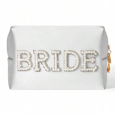 Bride Cosmetic Bag, Etercycle Bride To Be Gifts Bling Pearl Letter Rhinestone Patch Makeup Bag, Waterproof PU Travel Toiletry Bag For Bachelorette Party Women Wedding Bridal(Silver) Bathroom Accessories Back To School