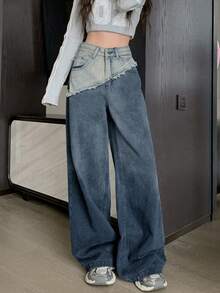 高腰渐变拼接撞色宽松复古阔腿及地牛仔裤 - 復古藍 - 查看 7