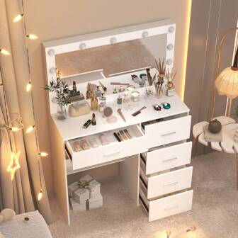 Mesa con espejo de maquillaje LED de madera maciza de lujo escandinava en color blanco crema estilo INS | Estación de trabajo de una pieza + amplio cajón de almacenamiento | Área de maquillaje de princesa aniñada | En el almacén | Entrega rápida