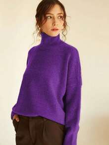 Knit Mix 女士高领宽松针织毛衣，适合秋冬季节，加厚长袖套头衫，复古风格，时尚百搭，适合圣诞节、新年、情人节、开学季等场合。 - 紫色 - 查看 9