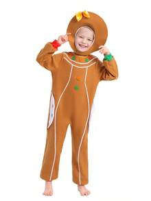 Kids Gingerbread Man Hat And Jumpsuit Two Pieces Set Stage And Festival Performance Costumes For Girls